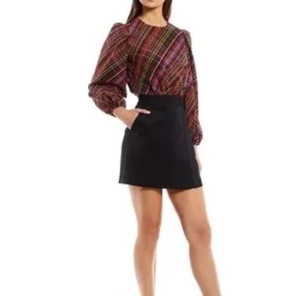 LDT Dresses & Skirts - NWT LDT Ivonne Plaid Crew Neck 3/4 Puff Sleeve Dress Black